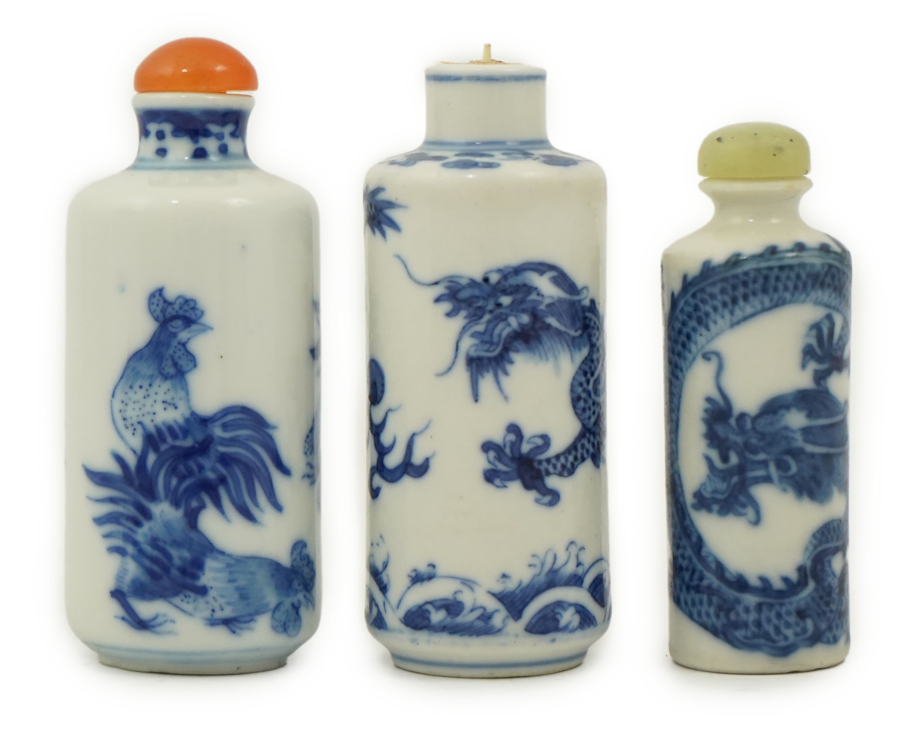 Three Chinese blue and white snuff bottles, c.1850-1900
